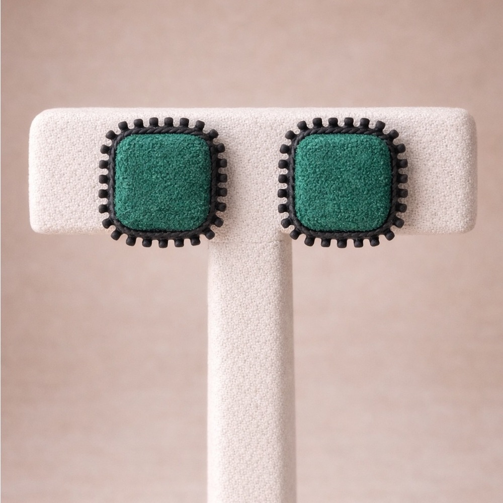 Green Square Stud Earrings Black Frame Textured Bold Minimalist Retro Style
